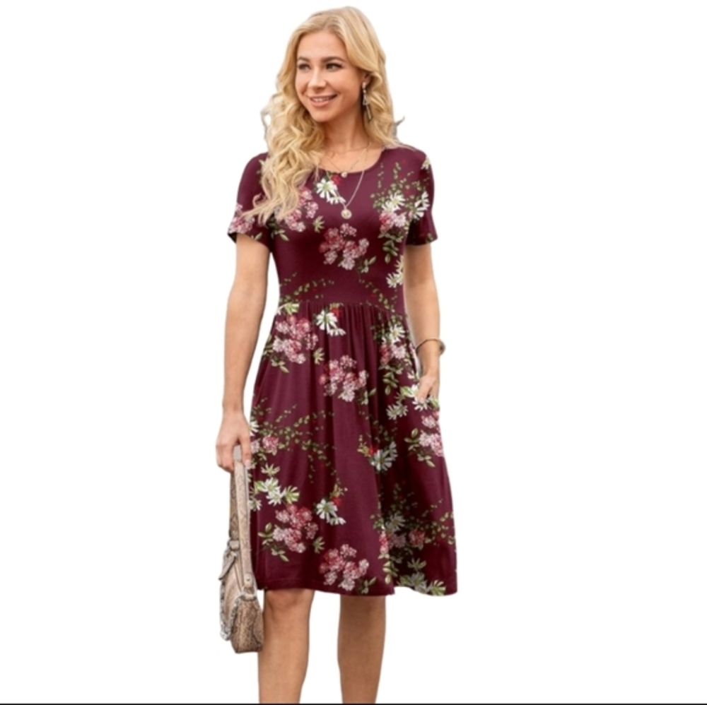 DB Moon Empire Waist Dress  Knee Length Short Sleeve Floral Print Burgundy 2X